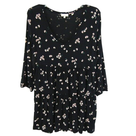 Fat Face Black Floral Tiered Dress Womens Size US 8 Long Sleeve V Neck - Picture 1 of 11